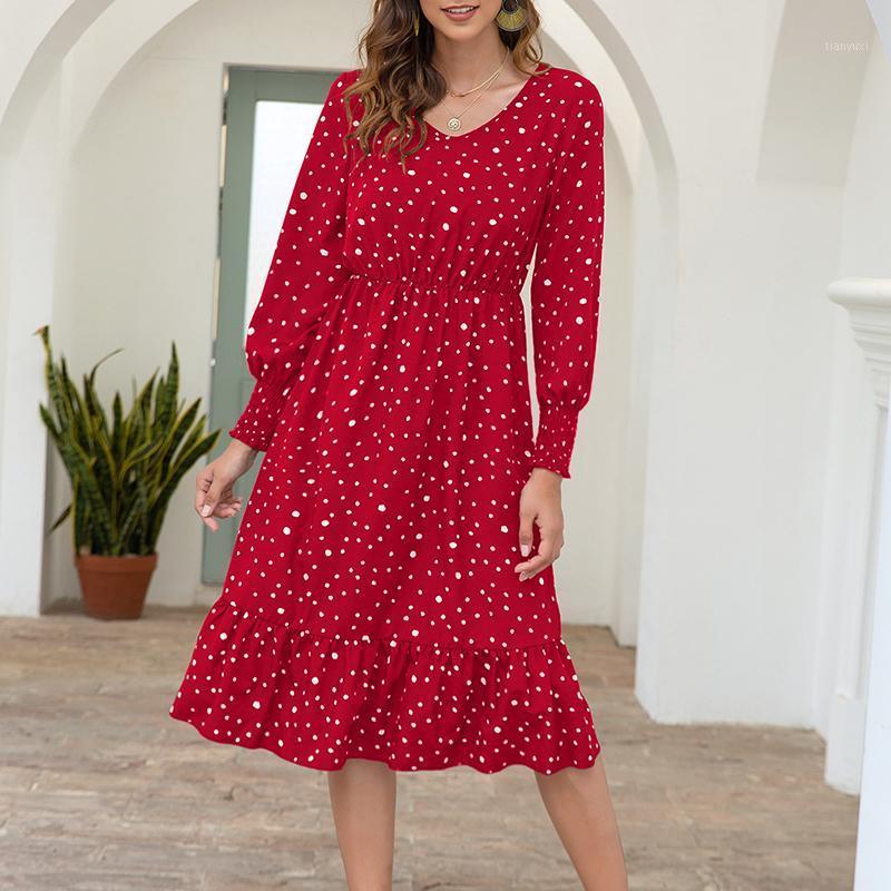 

Casual Dresses Fashion Polka Dot Print Dress Women High Waist Autumn Long Sleeve V Neck Bohemian Midi Vestidos, Blue