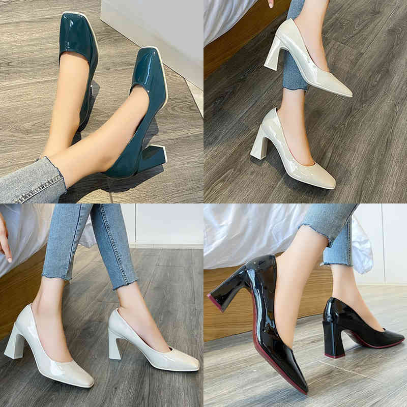 

Dress Shoes Lucyever 2022 Fashion Patent Leather Pumps for Women Spring Square Toe High Heel Woman Shallow Mouth Office Ladies 220425, Blue