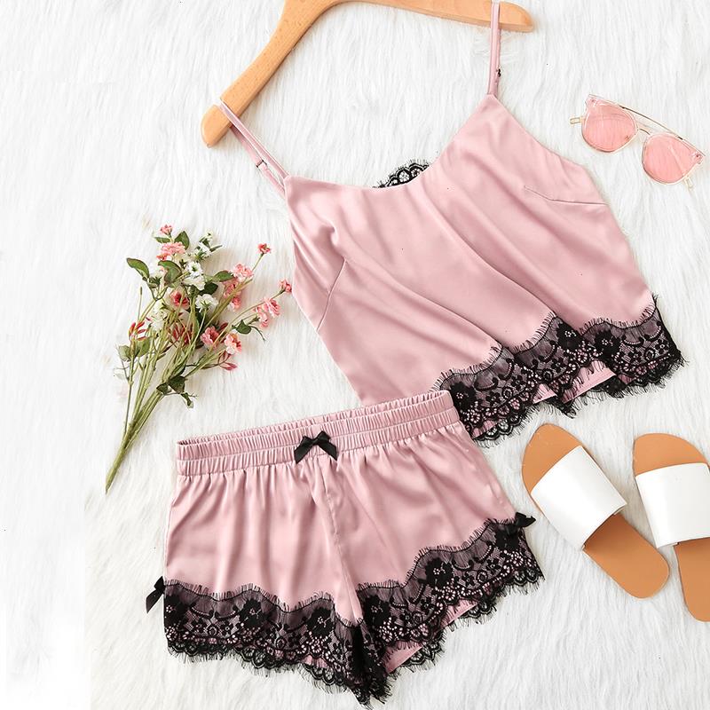 

2 Pieces Sets Spaghetti Strap Sleepwears Lace Applique Cami Top And Shorts Women Pajama Set Fashion Womens Sleepwear, As picture