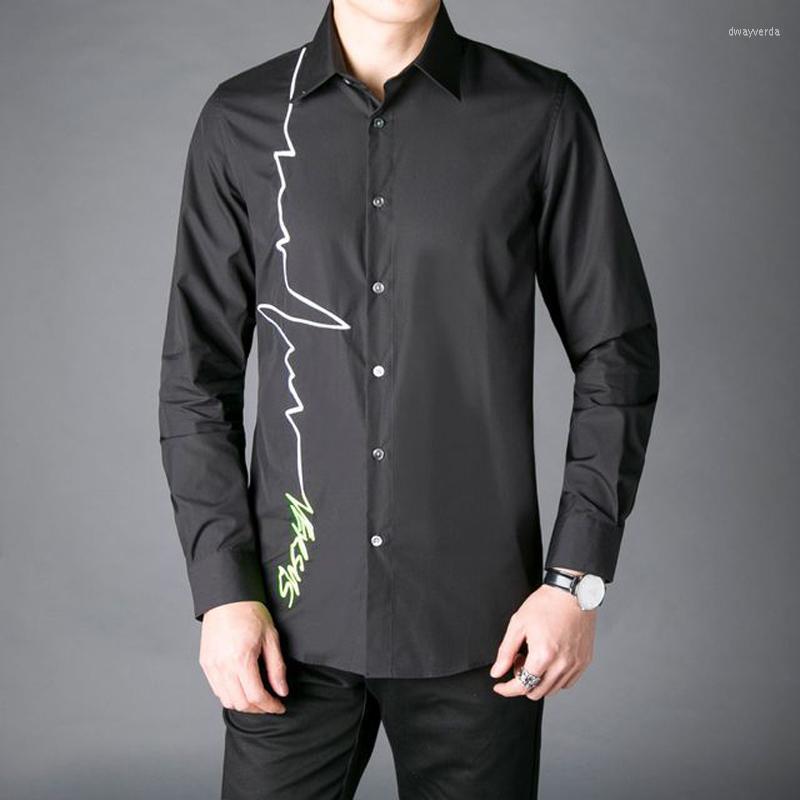 

Men' Dress Shirts Europe Fashion Brand Men Shirt Elegant Line Embroidery Long Sleeve Slim Camisas Social Masculina Solid Casual Man 2022Men, Black