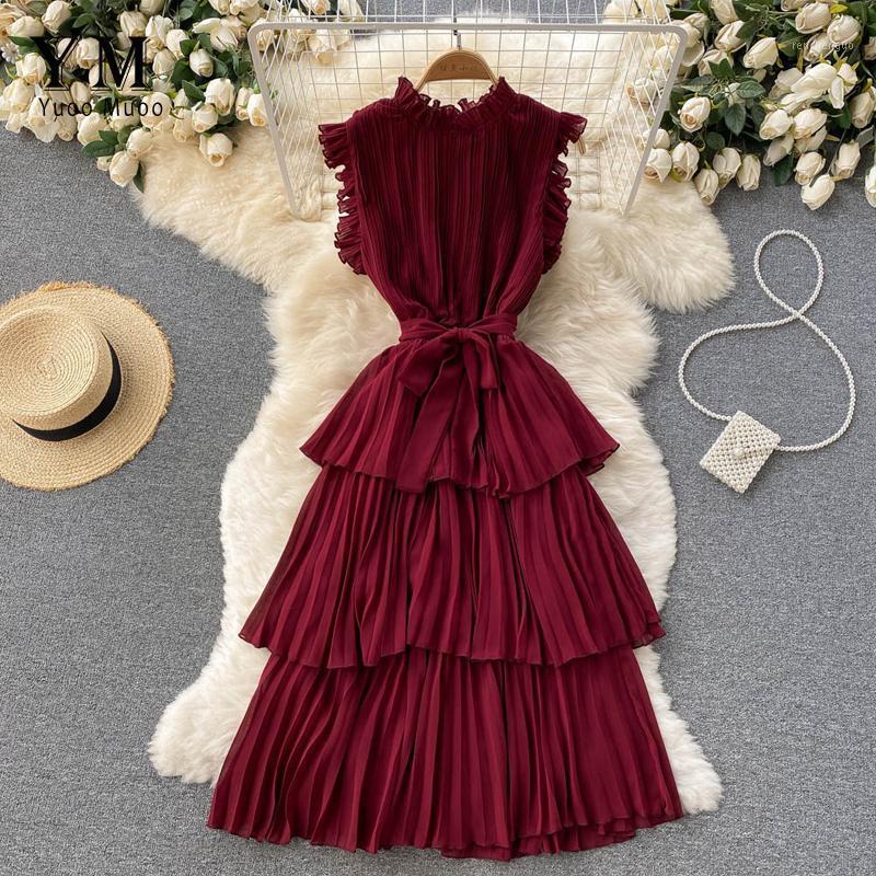 

Casual Dresses YuooMuoo Elegant Cascading Ruffle Lace-up Dress Sumner Women Sleeveless A-line Midi Korean Vestidos, Black