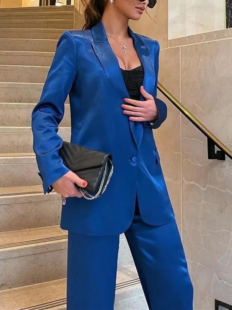 

Women's Suits & Blazers Women Elegant Blue Blazer Jacket Single Button Flap Pockets Coat Long Sleeve Casual Office Lady Chic StreetwearWomen, Deep blue