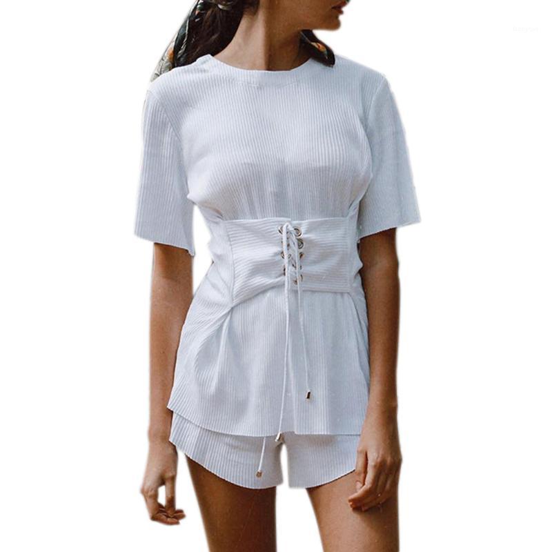 

Women' Blouses & Shirts Lace Up Blouse Bandage Knitting Tops Sashes Long Short Sleeve Solid Round Neck Roupas Feminina Korean Fashion, White