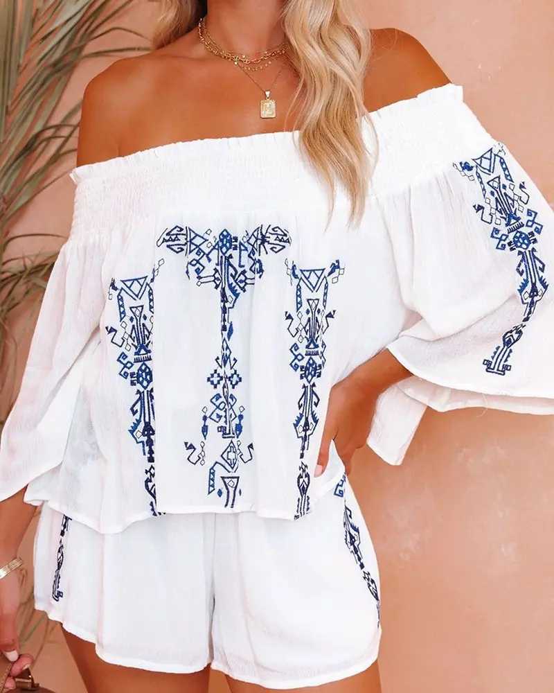 

Women' Tracksuits 1 Piece Summer 2022 Women Shirred Off Shoulder Graphic Print Bell Sleeve Top Casual Shorts SetWomen