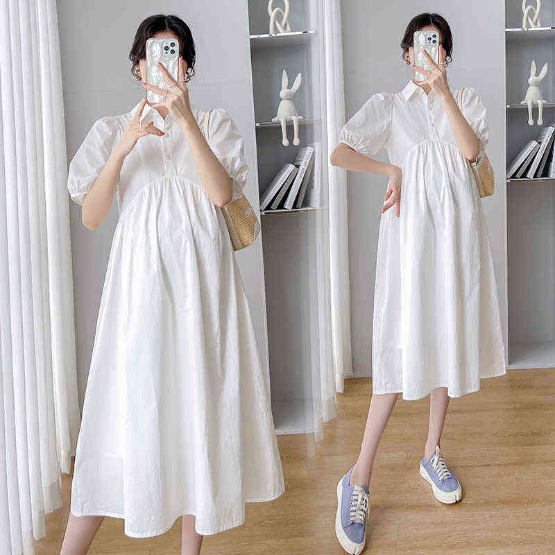 

8223# Summer Fashion White Cotton Maternity Long Blouses Elegant A Line Loose Dress Clothes for Pregnant Women OL Work Pregnancy G220418