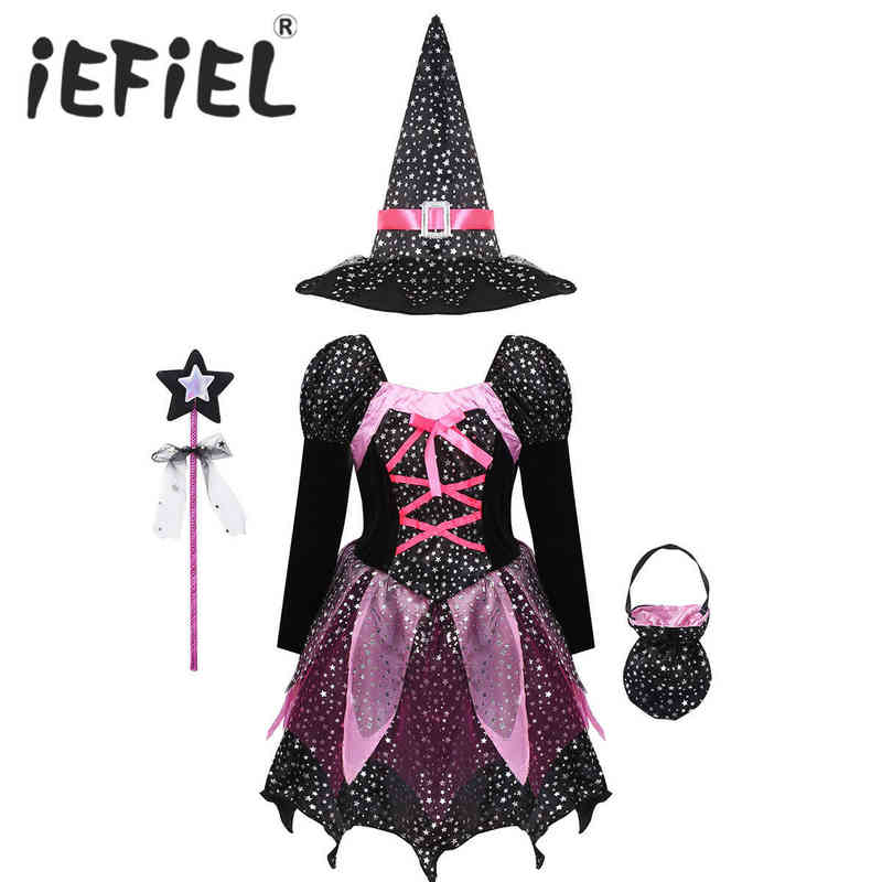 

Kid Girls Halloween Witch Come Sparkly Silver Stars Printed Carnival Cosplay Dress with Pointed Hat Wand Dress Up Clothes L220715, Black