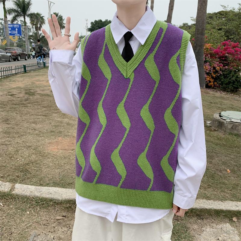 

Men's Vests Sleeveless Sweater Vest Women Striped Patchwork Retro V-neck Spring Autumn Ins Chic Purple Outwear Students Knitwear Ulzzang, Green