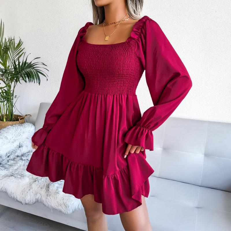 

Casual Dresses Ruffle A Line Dress 2022 Women Solid Black Long Flare Sleeve Mini Summer Autumn Square Collar Beach Looose VestidoCasual