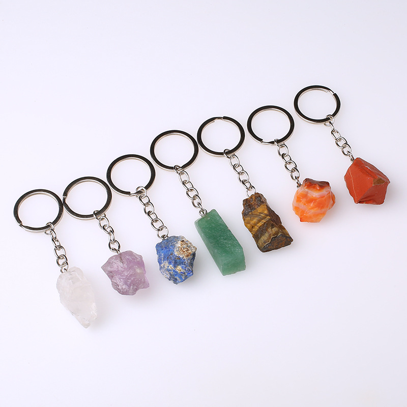 Natural Raw Ore Key chain Ring Gem Quartz Fluorite Citrine lapis lazuli Amethyst Irregular Stone Pendants keyring keychian DIY Jewelry Making Acc-image-769179741