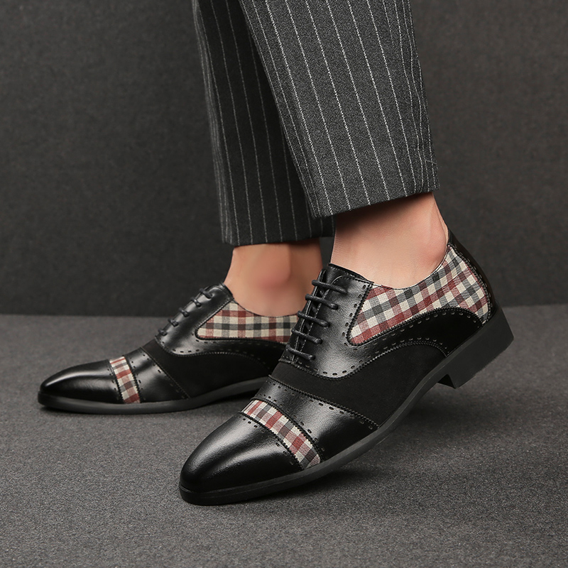 Oxford chaussures hommes en cuir PU couleur-blocage à talons bas mode décontractée Double couture Plaid classique Simple affaires chaussures derb