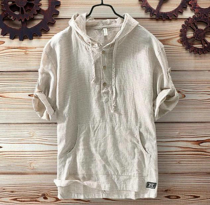

Linen T Shirt For Men Summer Clothes With Hood Breathe Cool Thin Tops Men's Fashion Clothing Short Sleeve Shirts Casual Streetwear, Khaki