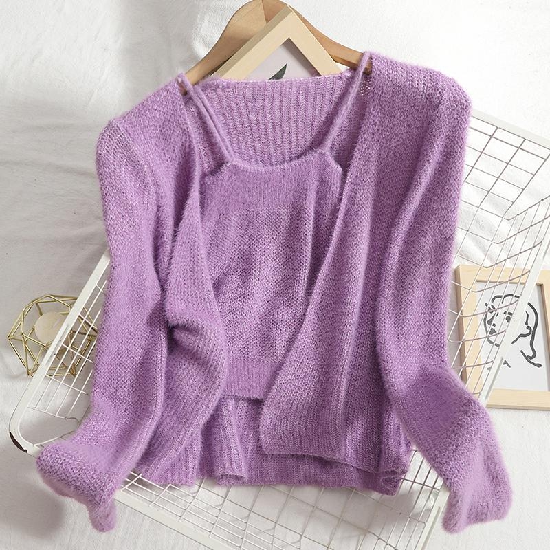 

Women's Knits & Tees 2022 Spring Ladies Fashion Long Sleeve Sweater + Cardigan Suspender Shirt Knit Solid Versatile Two Piece Set For Women, White