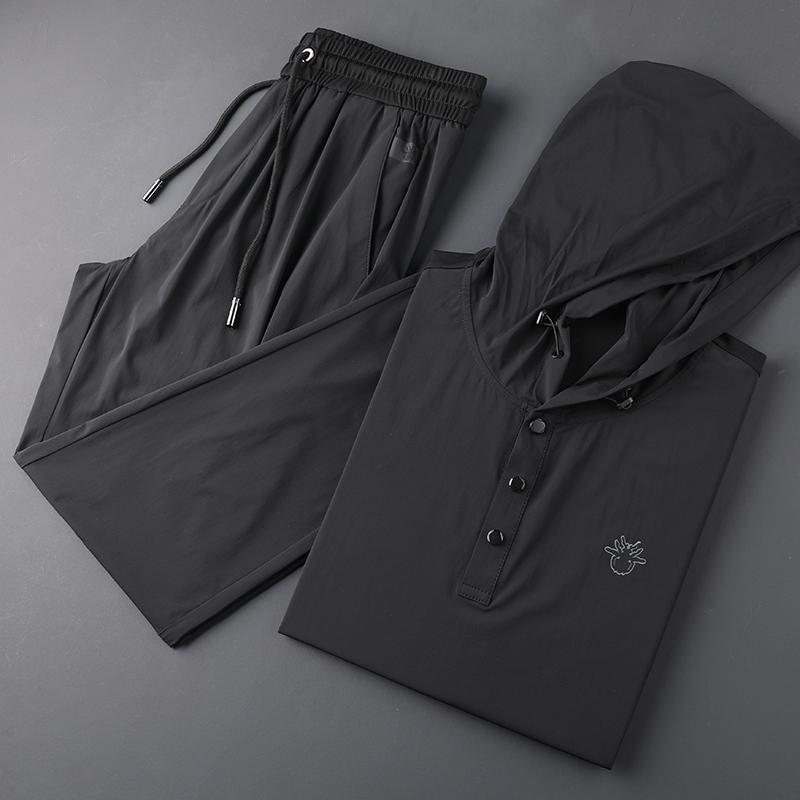 

Men's Tracksuits High-end Simple Casual Hooded Suit Men's Summer Light Luxury Ice Silk Short Sleeve Round Neck Tie Foot Sports SuitMen's, Black