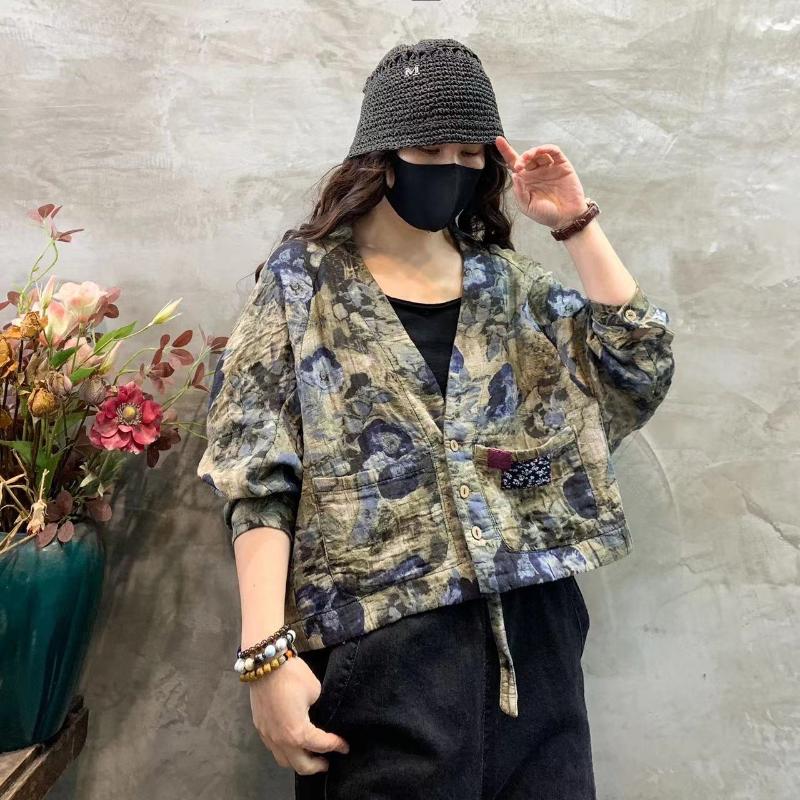 

Women's Jackets Autumn Women Long Sleeve Jacket Vintage Floral Print Oversized Casual Loose Outwear Cotton Linen Tops Batwing CoatsWomen's, Green