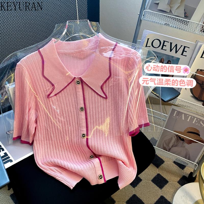 

Women's Sweaters Fashion Turn-Down Collar Ice Silk Short Sleeve T-shirt Women Sweater 2022 Summer Pink Slim Thin Knitted Crop Top Tee Female