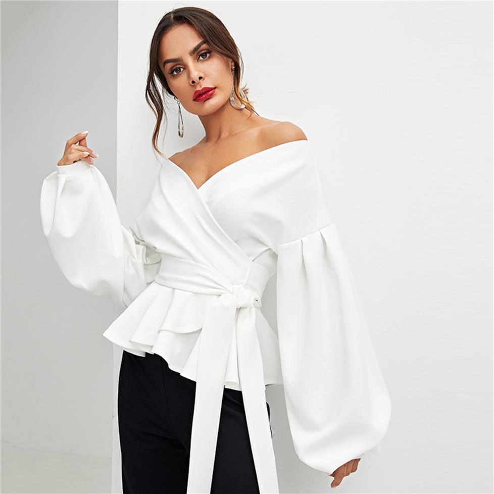 

White Office Lady Elegant Lantern Sleeve Surplice Peplum Off the Shoulder Solid Blouse Autumn Sexy Women Tops And Blouses273Y, Black