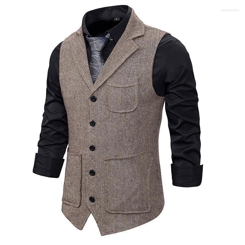 

Men' Vests Mannen Pak Vest 2022Fashion Koreaanse Meerdere Zakken Visgraat Tweed Heren Formele Zakelijke Slim Fit Mouwloze Jas Guin22, Khaki