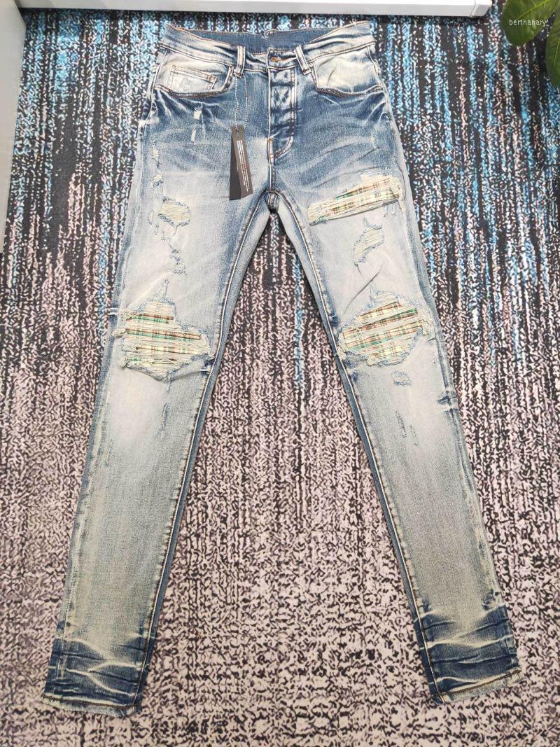

Men's Jeans Men Plaid Patch Distressed JeansMen's Bert22, As pic