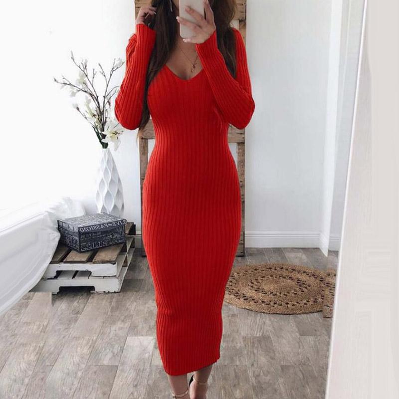 

Casual Dresses Autumn Winter Long Sleeve Ribbed Knit Bodycon Dress Women Sexy Backless Deep V Neck Oversized 5XL Black FemaleCasual, White