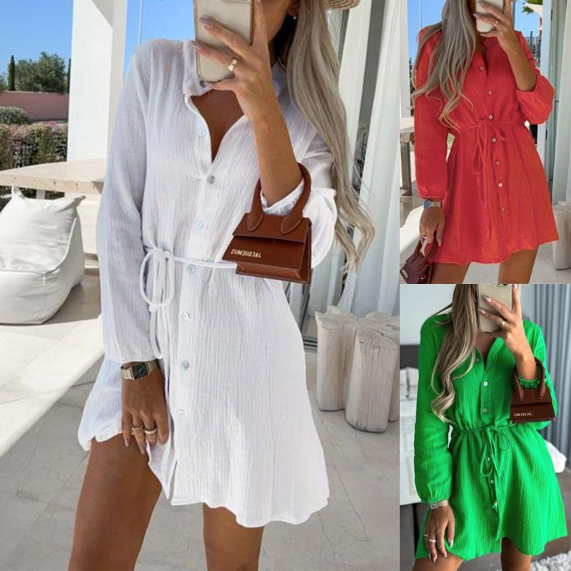 

Women' Swimwear Women Summer Solid Casual Beach Dresses Long Sleeve Narrow Waist Button-down Cardigan Dress Ruffles Fashion Mini 2022Women, Red
