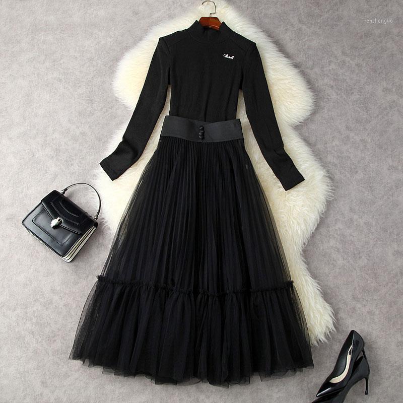 

Casual Dresses 2022 Autumn Womens Elastic Knitted Long Sweater Two Piece Set Winter Women' Retro Pleated Mesh Skirt Clothes, Black