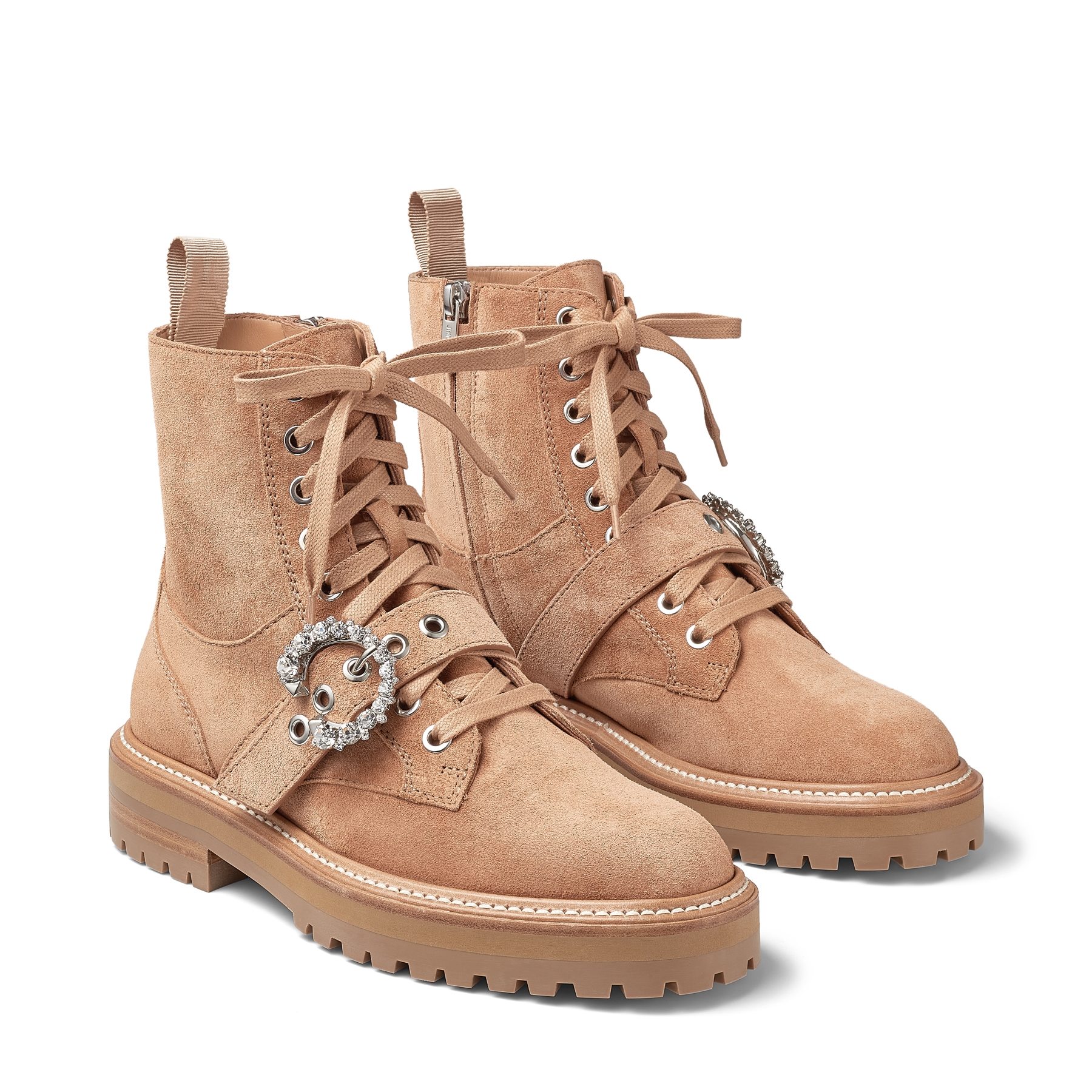 

CORA FLAT/CRYSTAL crystal-buttoned caramel suede combat boots Bing100 3-5cm