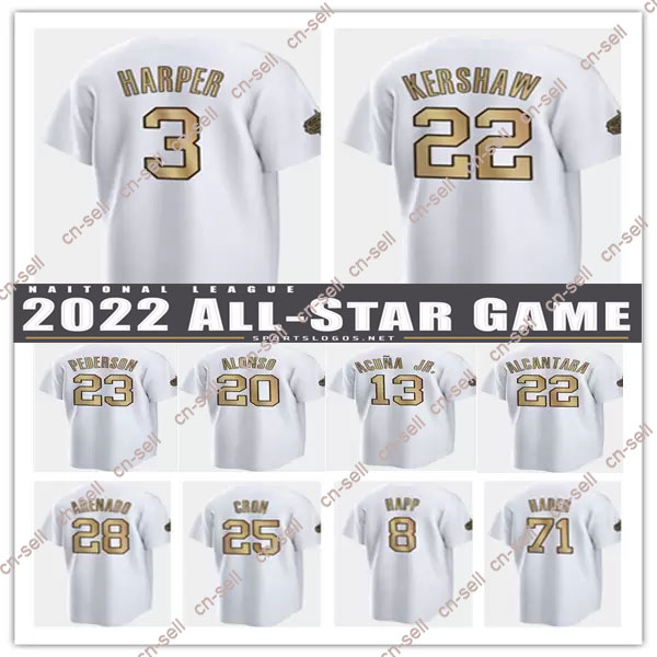 

2022 National All-Star Game White Gold Baseball Jersey Mookie Betts Ronald Acuna Jr. Pete Alonso Manny Machado Trea Turner Harper Cron Nolan Arenado William Contreras, As pic
