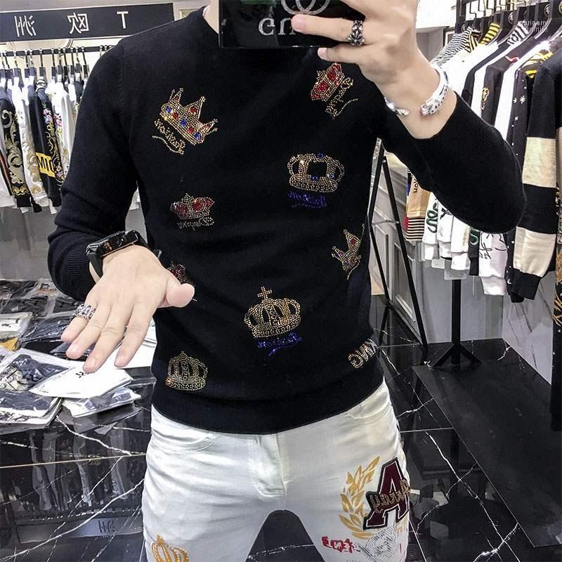 

Men's Sweaters 2022Autumn And Winter Round Neck Sweater Fashion Crown Drilling Casual Slim Warm Knit Pullover Mari22, As shown asian size