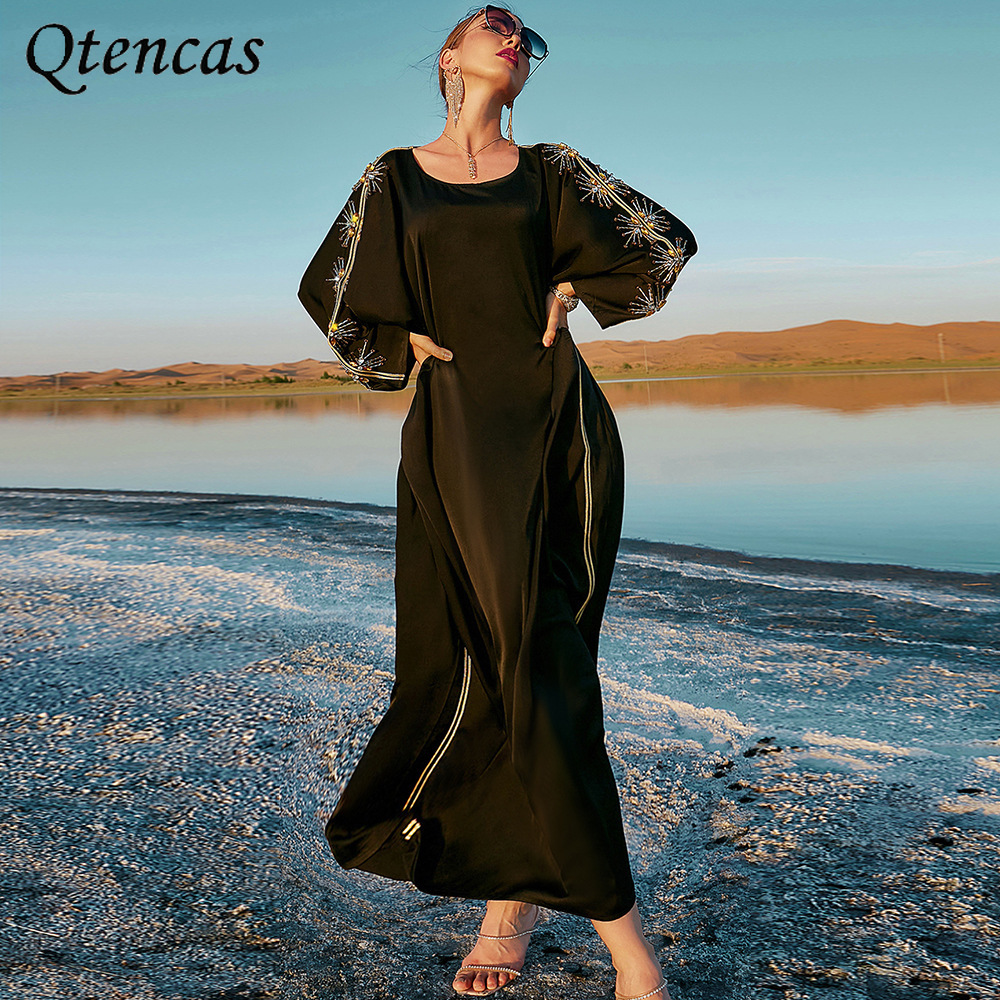 

Handwork Diamonds Moroccan Caftan Black Satin Abaya Batwing Cape Evening Party Dress Women Islam Clothing Jalabiya Muslim Kaftan