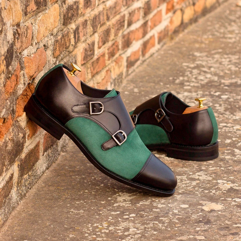 Monk Shoes Men PU Leather Color-blocking Low-heeled Fashion Double Buckle Classic Simple European and American Trend One Pedal Lazy Casual Shoes