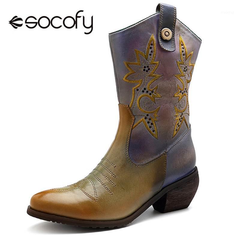 

Socofy Retro Cowgirl Mid-calf Boots Women Shoes Woman Genuine Leather Pointed Toe Autumn Winter Zipper Ladies, Green