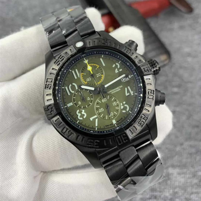 

Stainless PVD 316L Case Watches Men Avenger Quartz Chronograph 45 Night Mission Watch Steel Clasp Mens Chronomat Airborne Track Wr303d