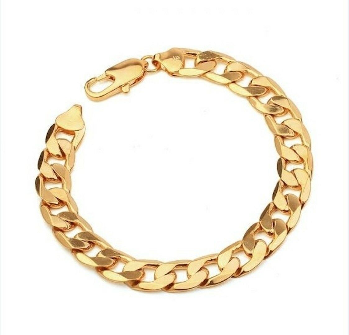 18K Solid Fine Gold Filled FIGARO curb link chain bracelet 10mm Cuff UNISEX FREE GIFTBOX-image-768990715
