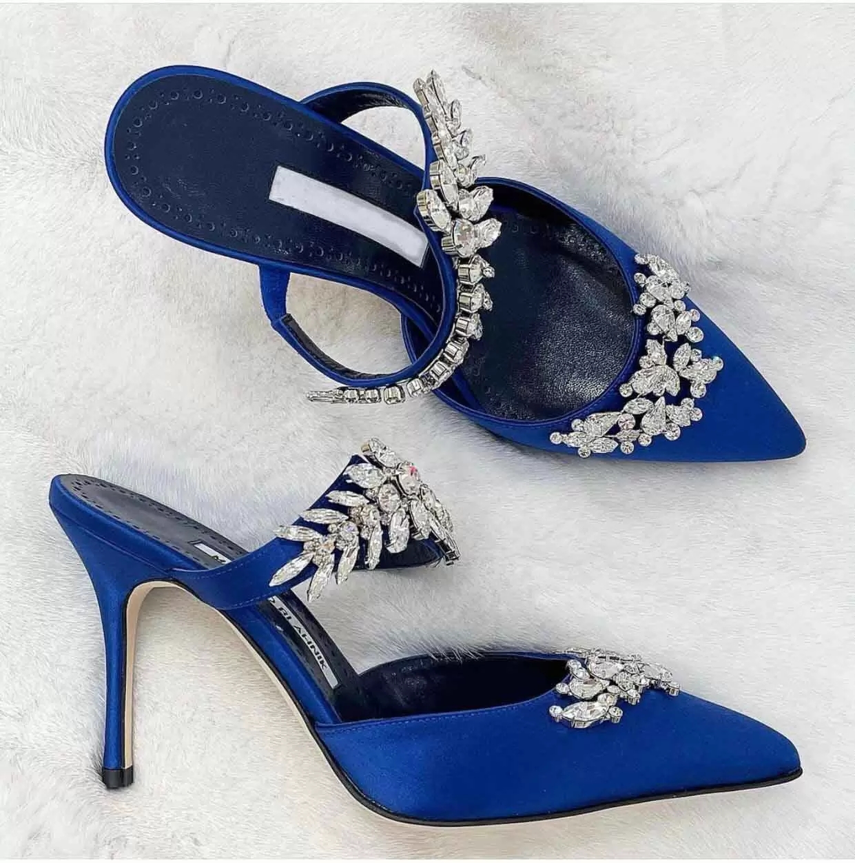 

Glamorous Luxury Lurum Sandals Shoes Women High Heels Leaf Crystal-embellished Satin Mules Sexy Pointed Toe Brand Pumps EU35-42