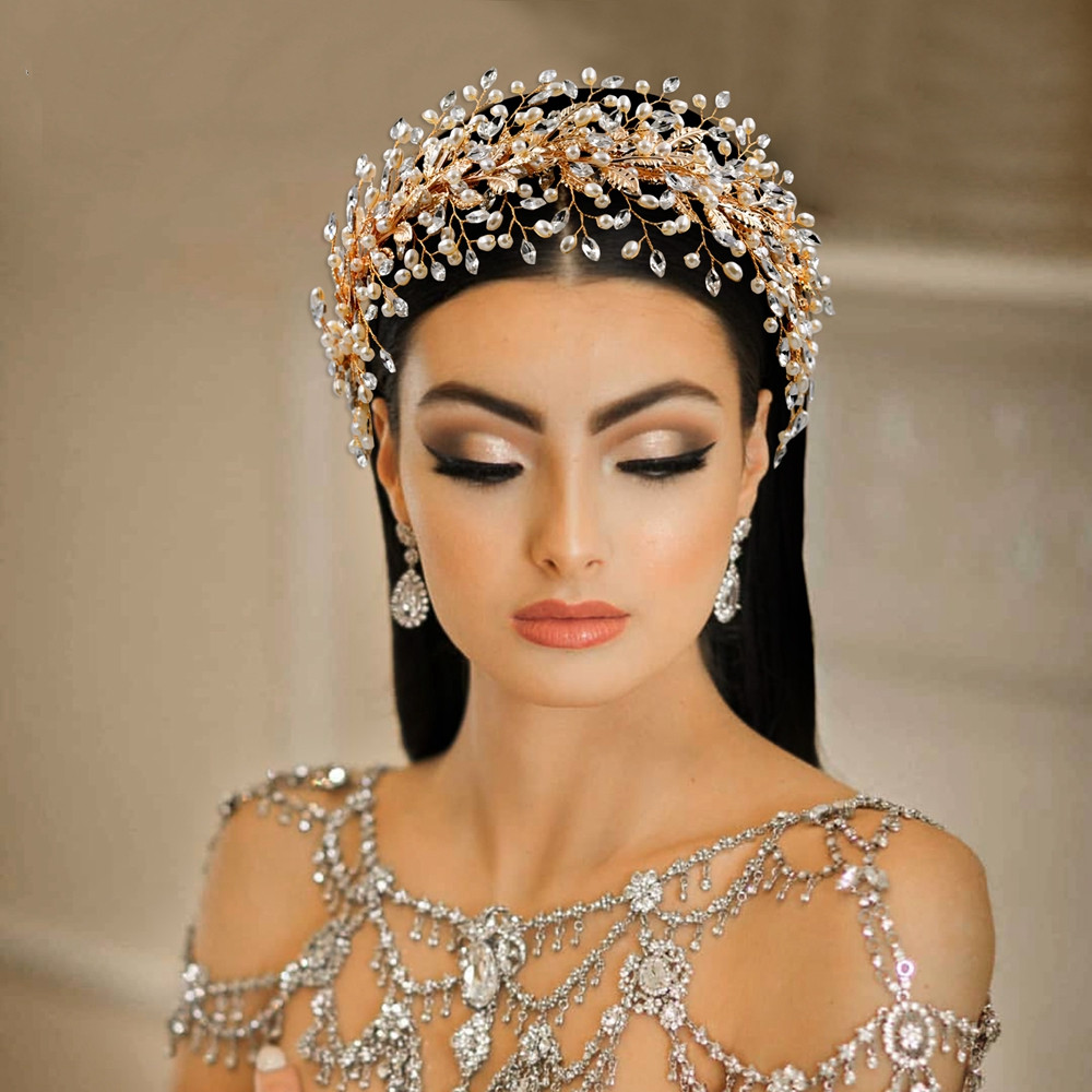

Luxury Bridal Gold Tiaras Headpieces for Wedding Jewelery Girls birthday party headdress Crown hair sticks accessories wedding jewels brides jewellries