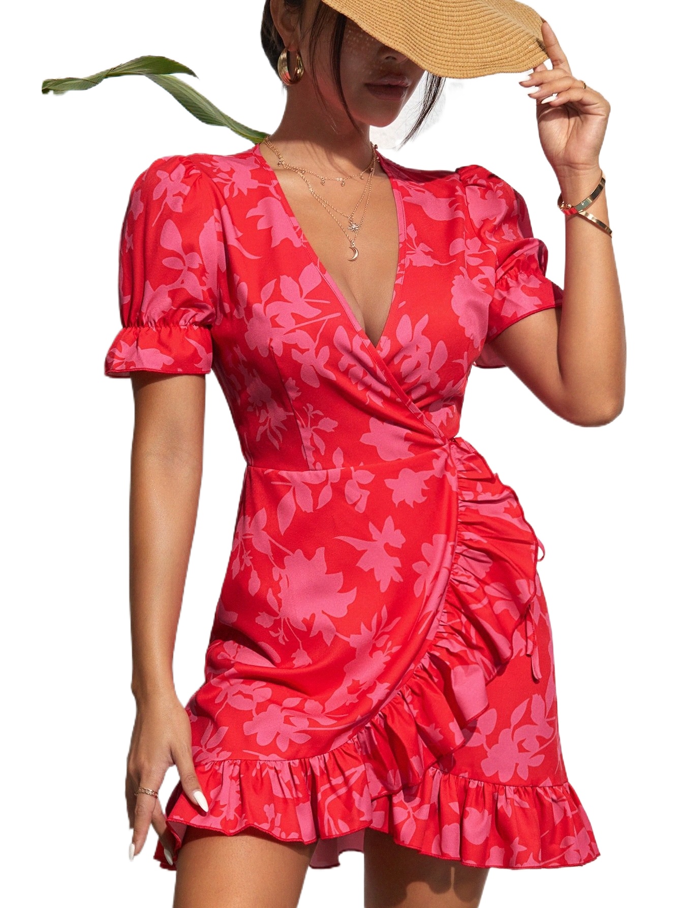 

floral Print Puff Sleeve Ruffle Trim Tie Side Wrap Dress K6Vq#, Multicolor
