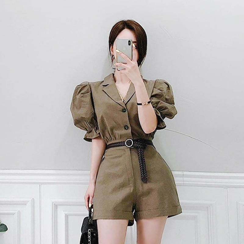 

Women' Jumpsuits & Rompers -XL Plus Size Korean Style Puff Sleeve Short Blazer Singer Breasted Corset Slim Summer Sheer Trousers Bodysuit, Khaki