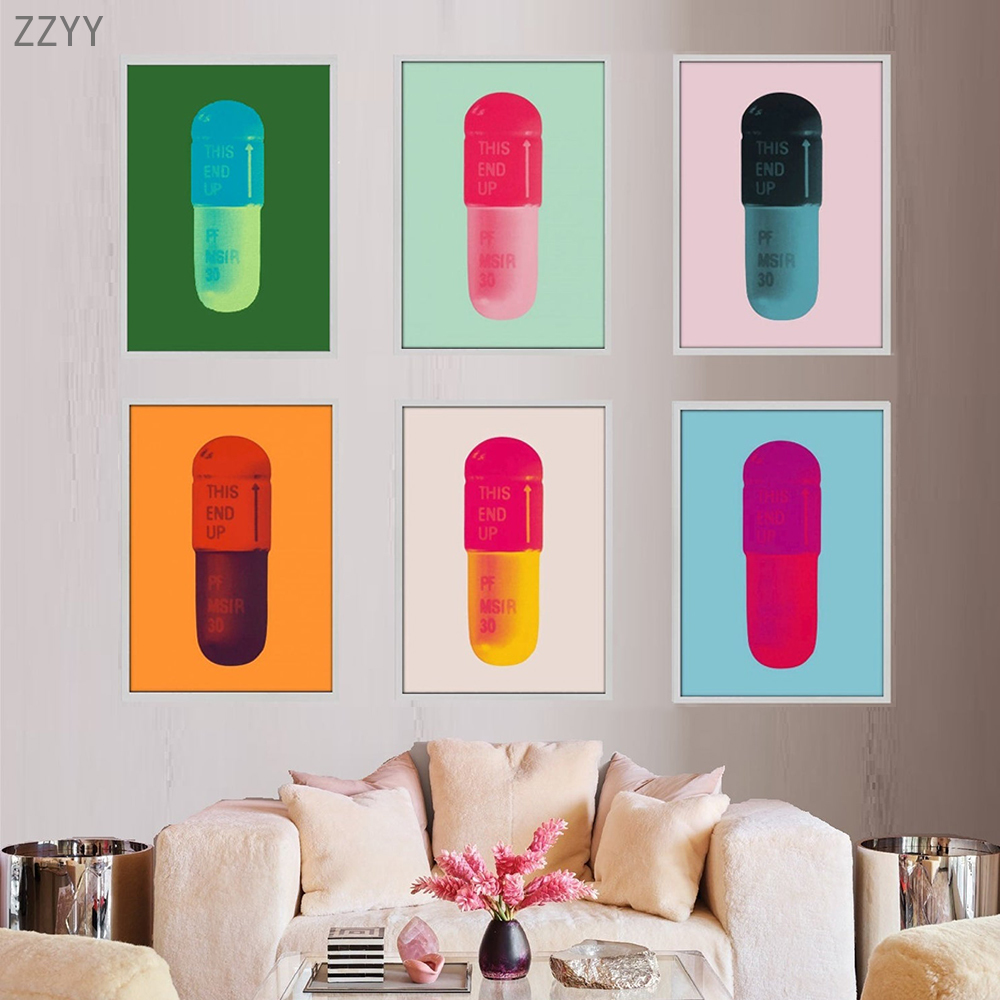 

Prints Painting Wall Artwork Color Pill Pink Green Cartoon Modular Canvas Blue Posters Pictures Modern Decor Bedside Background