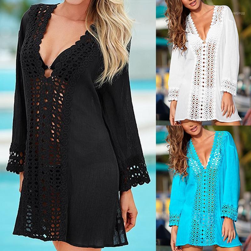

Summer Beach Beachwear Swimwear Cover Up Kaftan Ladies Hollow Out V Neck Long Blouse Shirts Size -XL Women' Blouses, Black