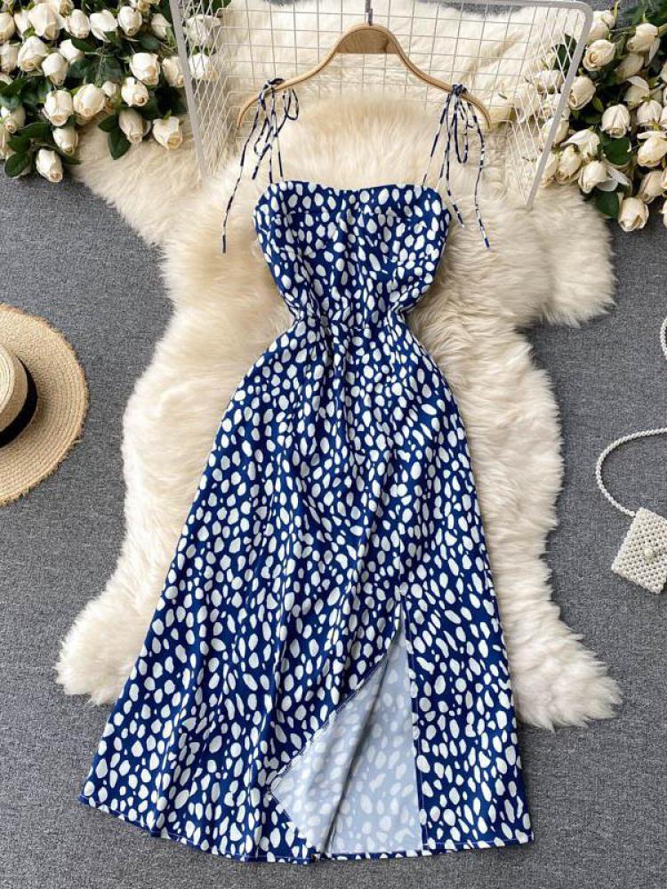 

Casual Dresses Vintage Beach Print Floral Long Dress Women Fashion Summer Sexy Spaghetti Strap Boho Backless Split Club Party DressesCasual, Blue
