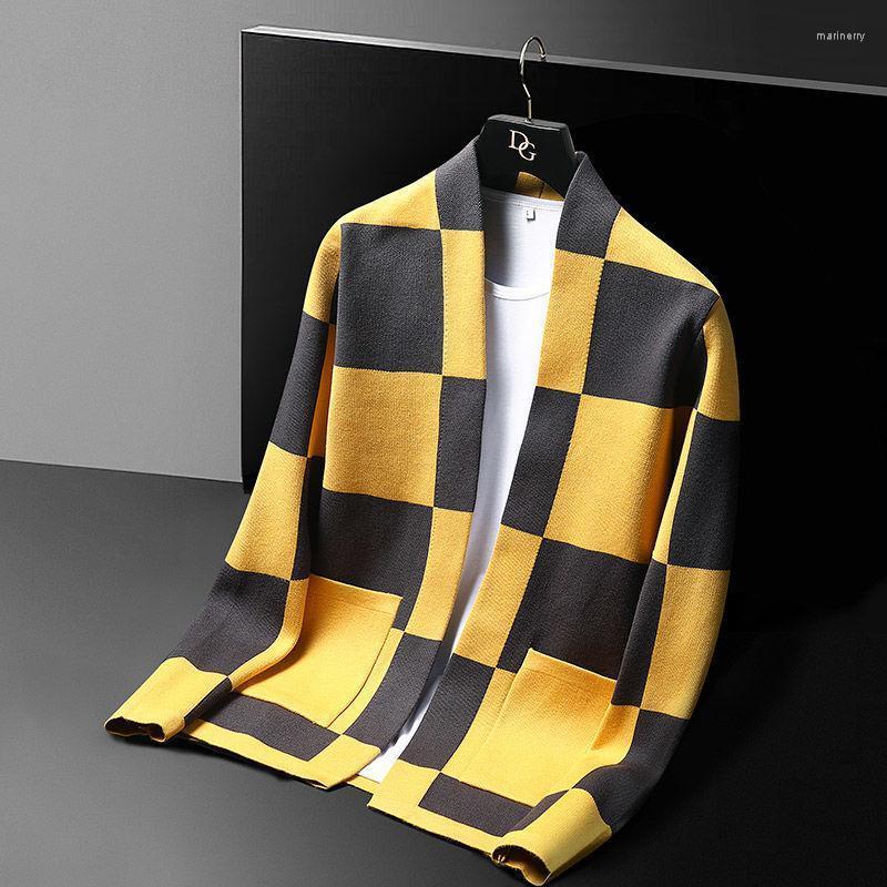 

Men's Sweaters Korea Style Autumn Knitted Cardigan Sweater Trend Brand Fashion Plaid Coat Male Leisure Mens Q55Men's Mari22, Yellow