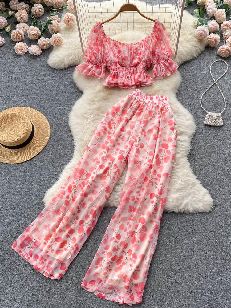 

Women's Two Piece Pants Fashion Elegant Floral Print Summer Short Tops Blouses Women High Waist Straight Trousers Set Suit 2 SetsWomen's, Picture color