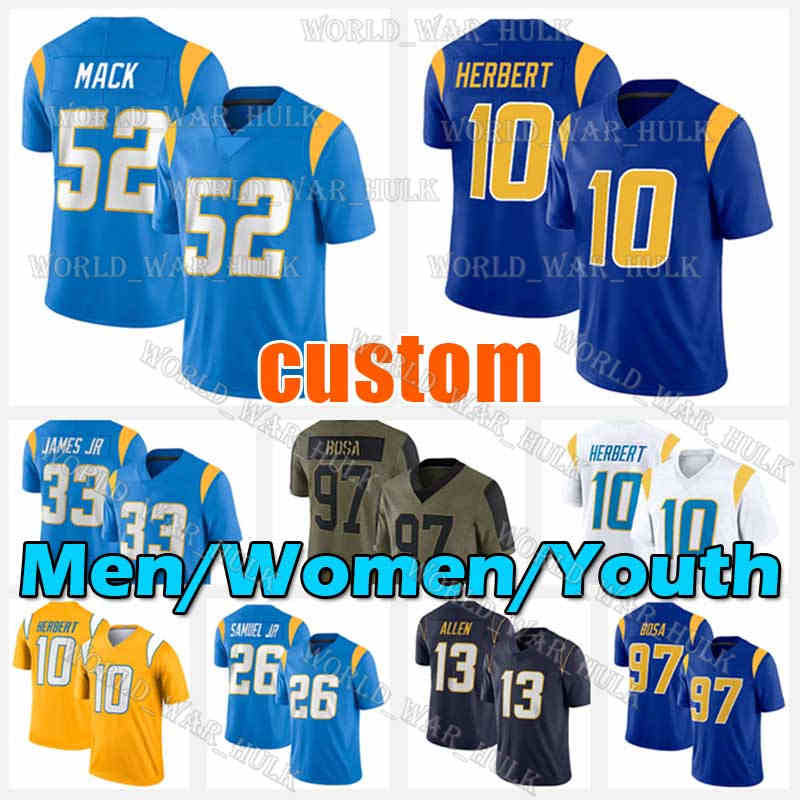 

52 Khalil Mack Football Jersey 10 Justin Herbert J.C. Jackson Keenan Allen Derwin James Jr Joey Bosa Austin Ekeler Kenneth Murray Asante Samuel Mike Williams, Youth custom jersey(s d)