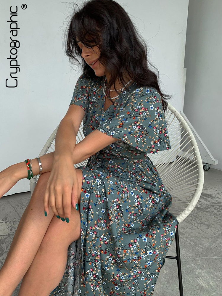 

2022 Summer Cottagecore Floral Dress for Women Fashion Outfits Short Sleeve Maxi Dresses Beachwear Holiday Clothes, Pink