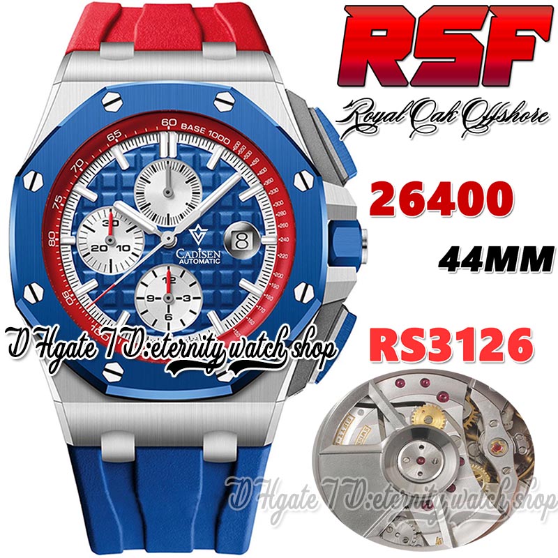 

RSF rs26400 Cal.3126 A3126 Chronograph Automatic Mens Watch 44mm Blue Ceramics Bezel Red inner Bezel Texture Dial Stick Markers Rubber Strap Super eternity Watches, Watch waterproof production cost