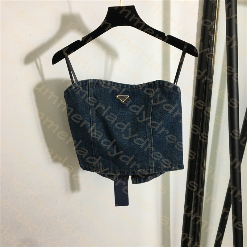 

Sexy Denim Bra Top Thin Sling Tank Casual Short Vest With Zipper Women Street Hip Hop Tees Triangle Badge Tube Tops, Extra shipping fee
