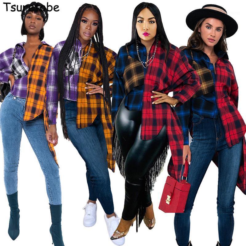 

Tsuretobe Patchwork Plaid Shirts For Women Irregular Long Sleeve Shirt Fashion Tops 2022 Blouse Fall Clothes Jacket Women' Blouses, Red