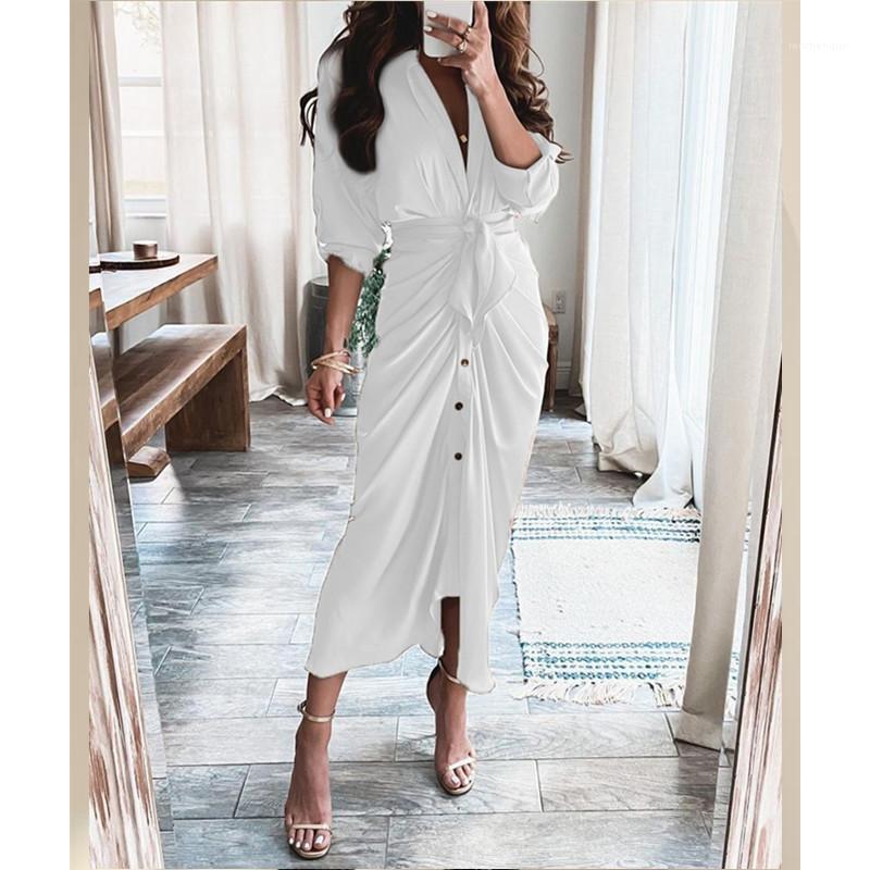 

Casual Dresses Women V-neck Button Long Sleeve Dress Sexy Solid Color/Printed Slim High Waist Maxi With Adjustable Belt Summer Clothing, Blue