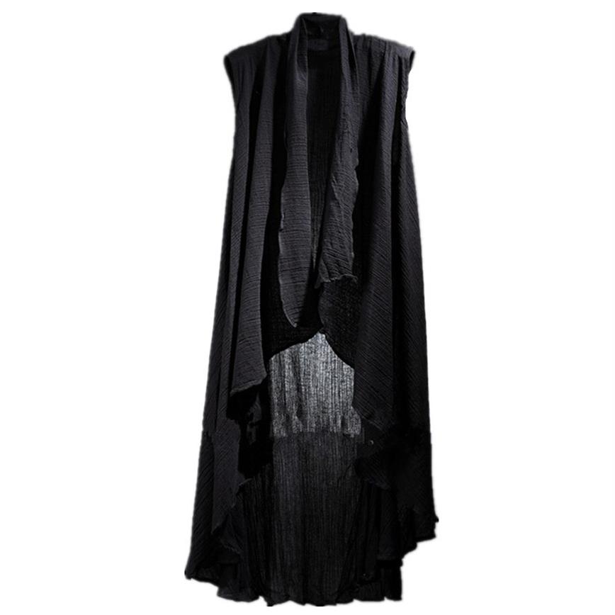 

Men nightclub DJ singer hip hop punk rock long vest linen cape mens sleeveless cloak jacket gothic style black colete masculino181h