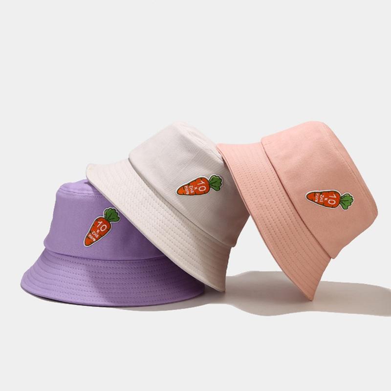 

Berets Carrot Print Foldable Bucket Hat Beach Sun Street Headwear Fisherman Cap Woman Macaron SunBerets, Beige
